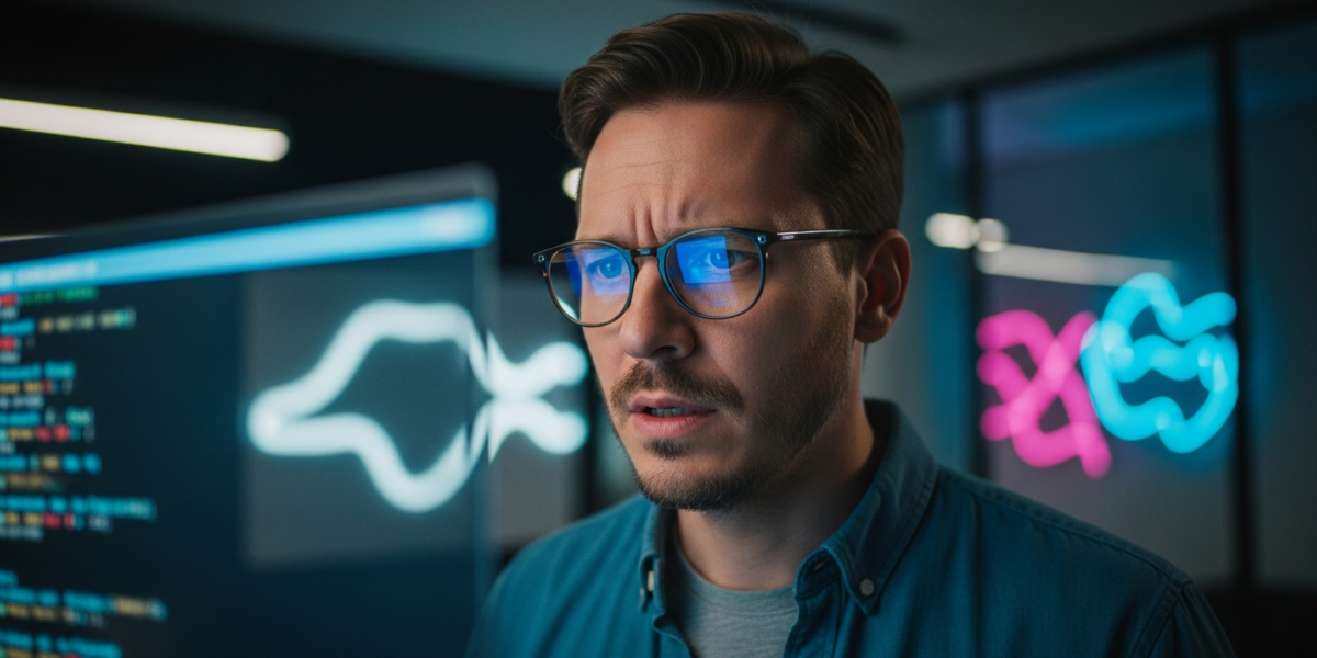 A frustrated developer looking at a glowing terminal screen, reflecting concerns about coding performance.