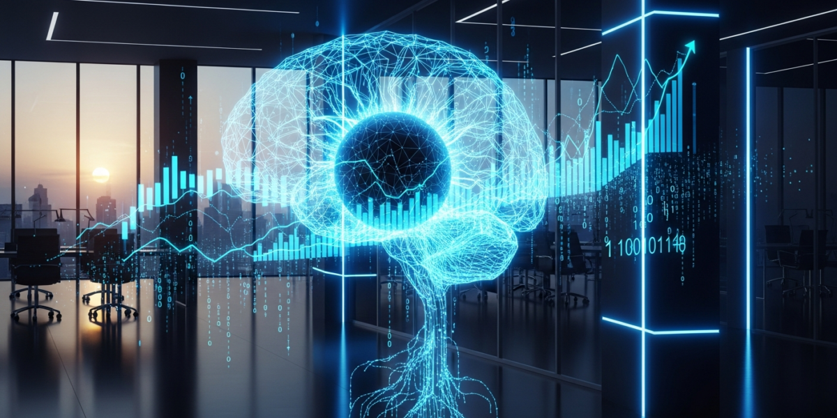 A glowing AI brain integrated with financial charts and data streams, set in a modern office, representing the OpenAI and PwC partnership for finance AI.