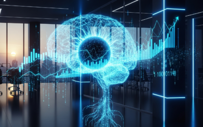 A glowing AI brain integrated with financial charts and data streams, set in a modern office, representing the OpenAI and PwC partnership for finance AI.