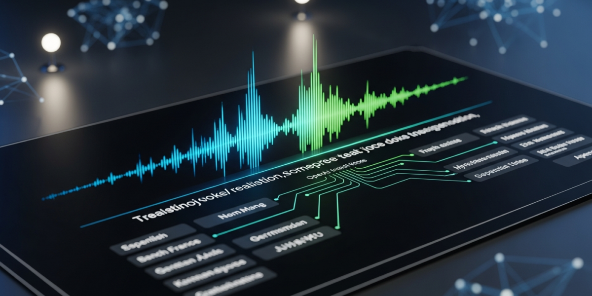 A futuristic digital interface showing a glowing voice waveform transforming into real-time text and multiple language translations, representing OpenAI's new voice intelligence API.