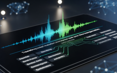 A futuristic digital interface showing a glowing voice waveform transforming into real-time text and multiple language translations, representing OpenAI's new voice intelligence API.