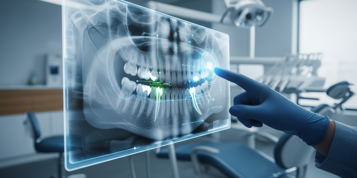 A close-up of a dental X-ray on a digital screen with AI overlays, showing a dentist's gloved hand pointing to a detail, set in a modern clinic.