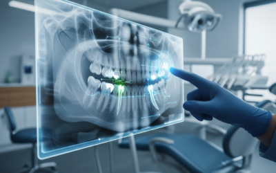A close-up of a dental X-ray on a digital screen with AI overlays, showing a dentist's gloved hand pointing to a detail, set in a modern clinic.