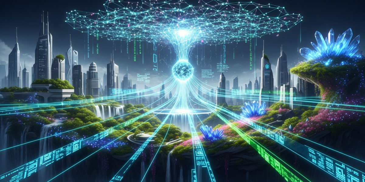 A futuristic image showing data streams flowing from a stylized video game world into an abstract neural network, representing Origin Lab's role in connecting game data with AI world models.