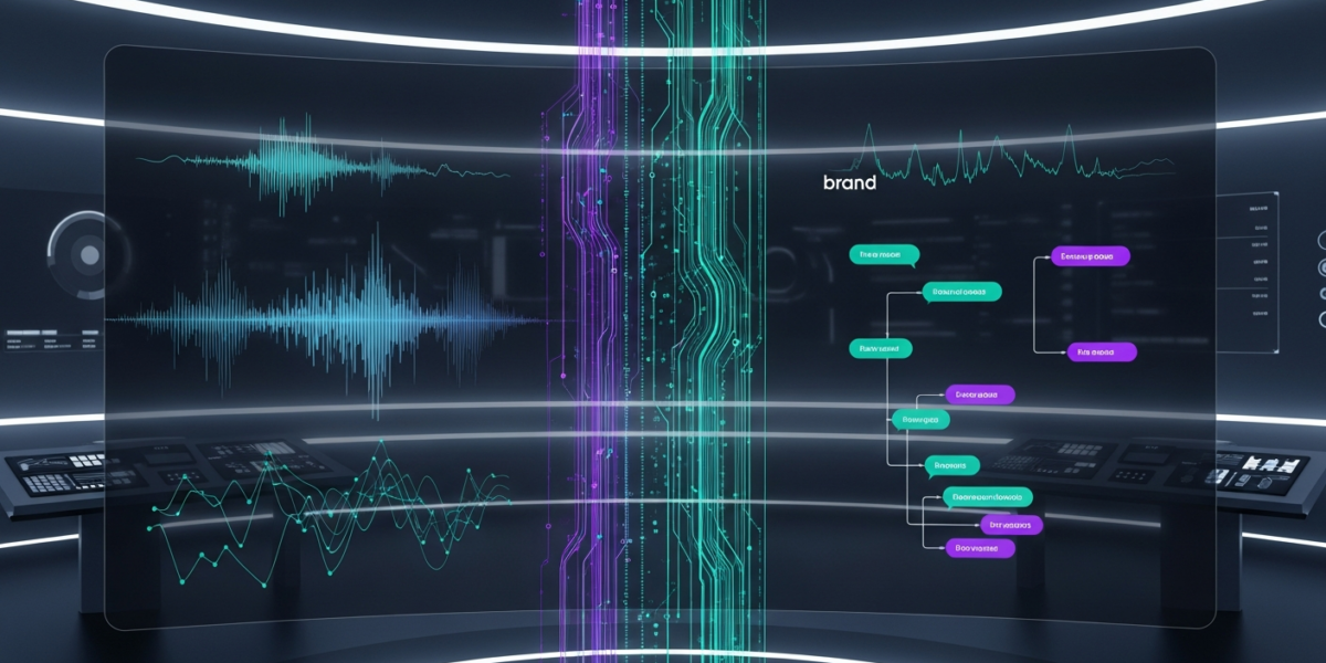 A futuristic digital interface representing a voice AI agent, subtly incorporating Parloa's purple and OpenAI's teal brand colors, set in a sleek control room.