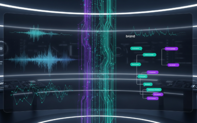 A futuristic digital interface representing a voice AI agent, subtly incorporating Parloa's purple and OpenAI's teal brand colors, set in a sleek control room.
