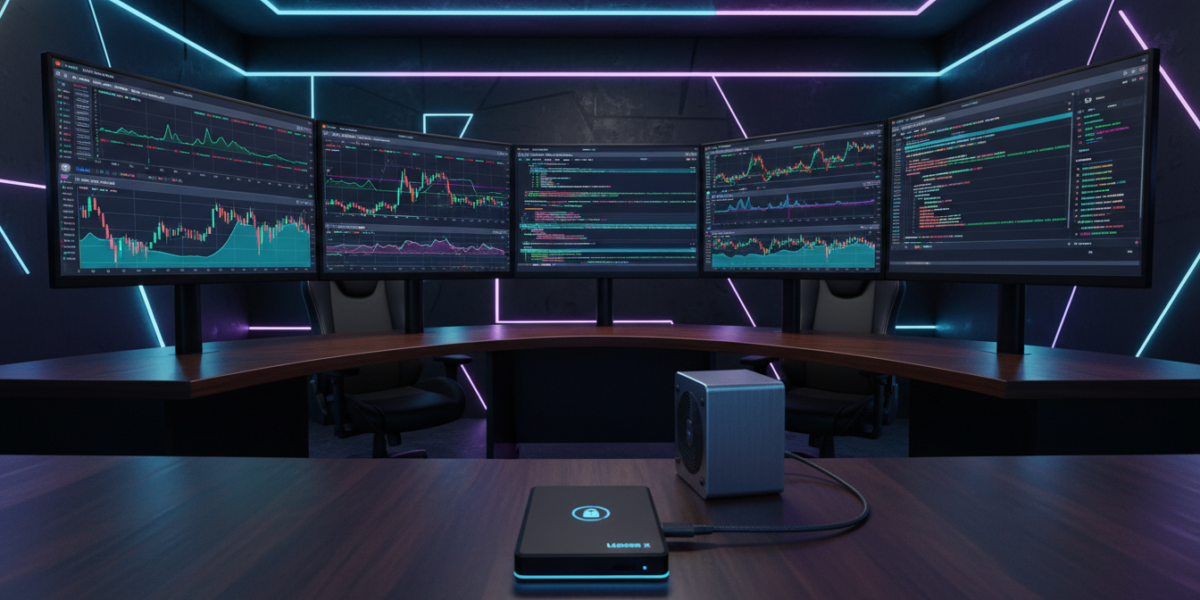 Professional trading setup with prediction market data visualization and secure cryptocurrency hardware wallet