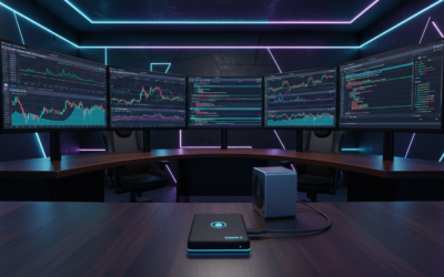 Professional trading setup with prediction market data visualization and secure cryptocurrency hardware wallet