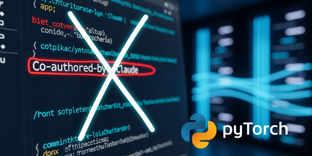 A digital representation of a git commit message on a screen, with 'Co-authored-by: Claude' crossed out, symbolizing PyTorch's new policy.