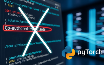A digital representation of a git commit message on a screen, with 'Co-authored-by: Claude' crossed out, symbolizing PyTorch's new policy.
