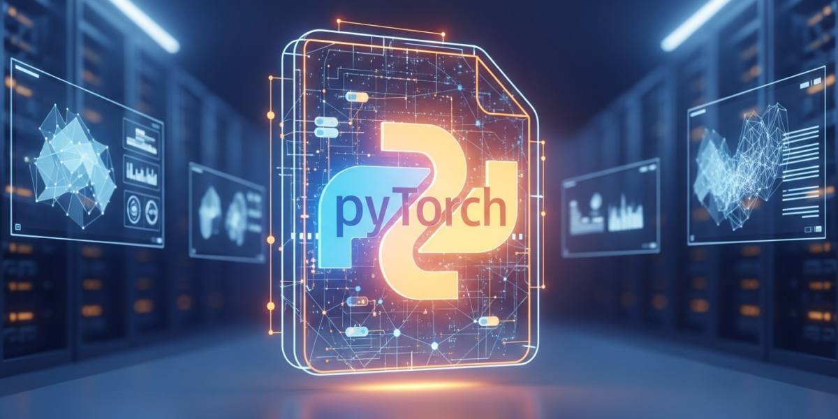 A glowing PyTorch logo merging with a secure digital data structure in a futuristic server room, symbolizing native Safetensors integration.
