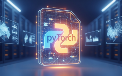 A glowing PyTorch logo merging with a secure digital data structure in a futuristic server room, symbolizing native Safetensors integration.