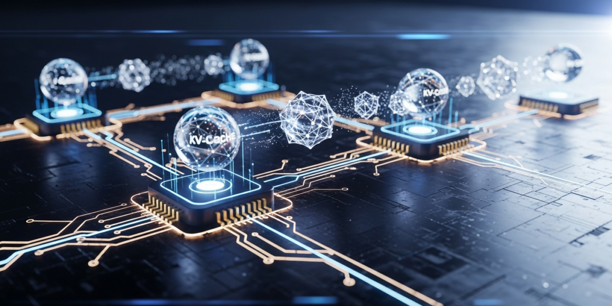 Stylized data packets representing quantized KV-cache transferring between AI agent nodes on an illuminated circuit board.