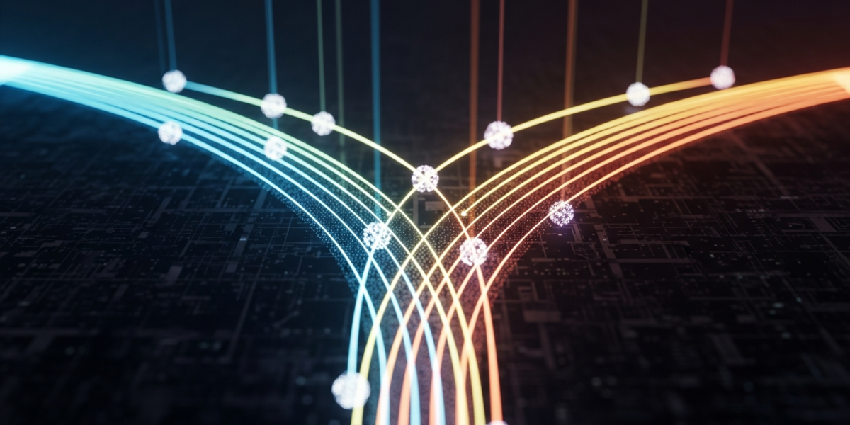 An abstract visualization showing multiple optimization paths, with data points illustrating conditional strategy selection based on experimental regimes.