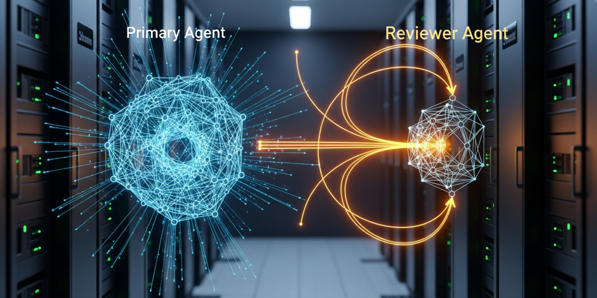A conceptual image showing two neural networks, one feeding into another for review, representing inference-time feedback in AI agents.