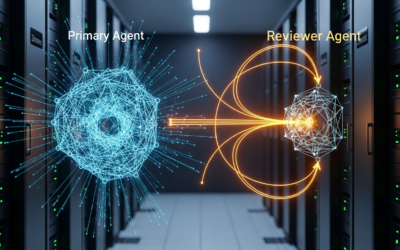 A conceptual image showing two neural networks, one feeding into another for review, representing inference-time feedback in AI agents.