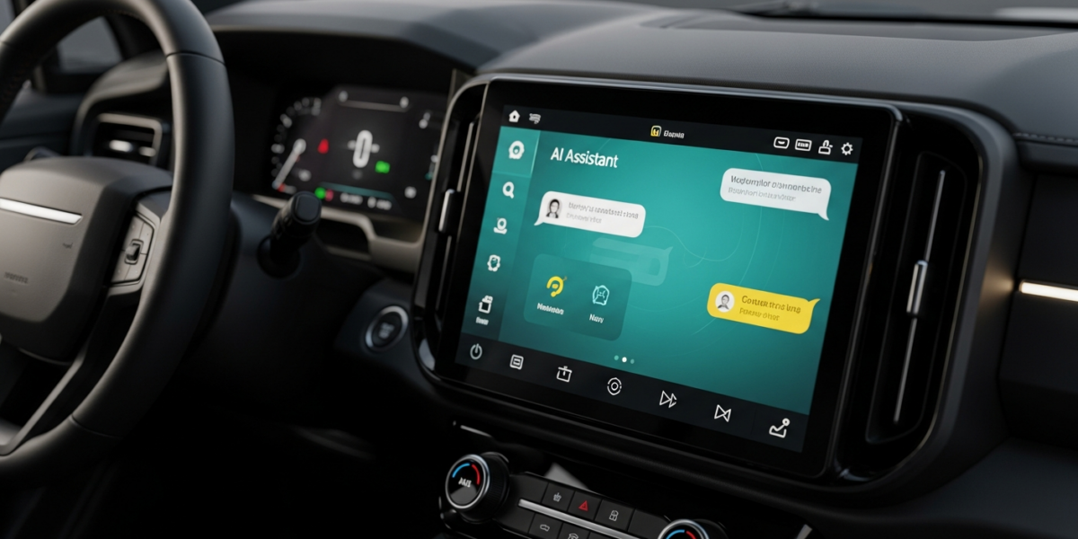 Interior view of a Rivian R1T dashboard showing the infotainment screen with the new AI Assistant interface.