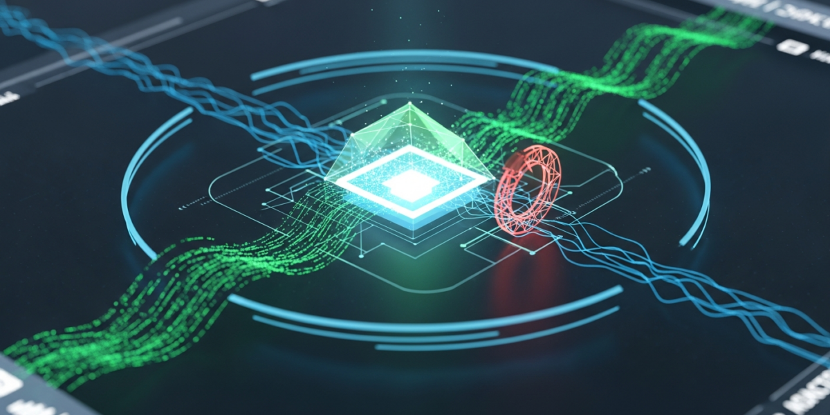 Abstract digital illustration showing an AI model's feedback loop being stabilized by a steering mechanism, preventing alignment collapse.