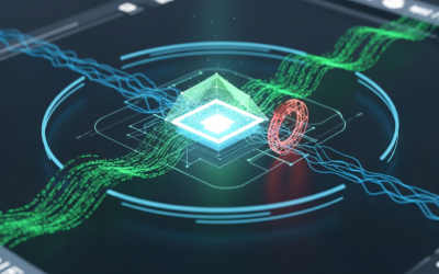Abstract digital illustration showing an AI model's feedback loop being stabilized by a steering mechanism, preventing alignment collapse.
