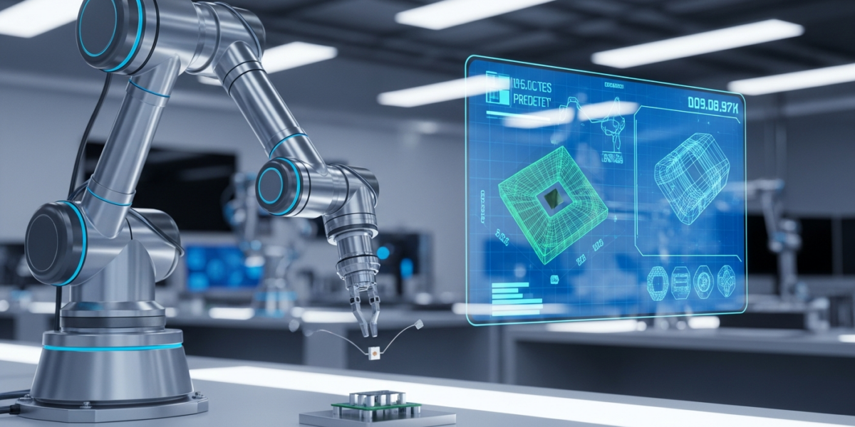 A robotic arm manipulates objects on a workbench, with a holographic video feed overlay demonstrating predicted actions, set in a futuristic robotics lab.