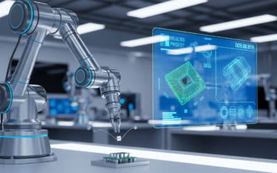 A robotic arm manipulates objects on a workbench, with a holographic video feed overlay demonstrating predicted actions, set in a futuristic robotics lab.
