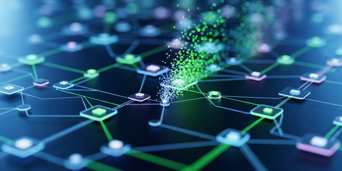 Abstract digital visualization showing data points and connections, with some links being selectively pruned, symbolizing efficient feature engineering.