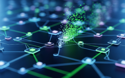 Abstract digital visualization showing data points and connections, with some links being selectively pruned, symbolizing efficient feature engineering.