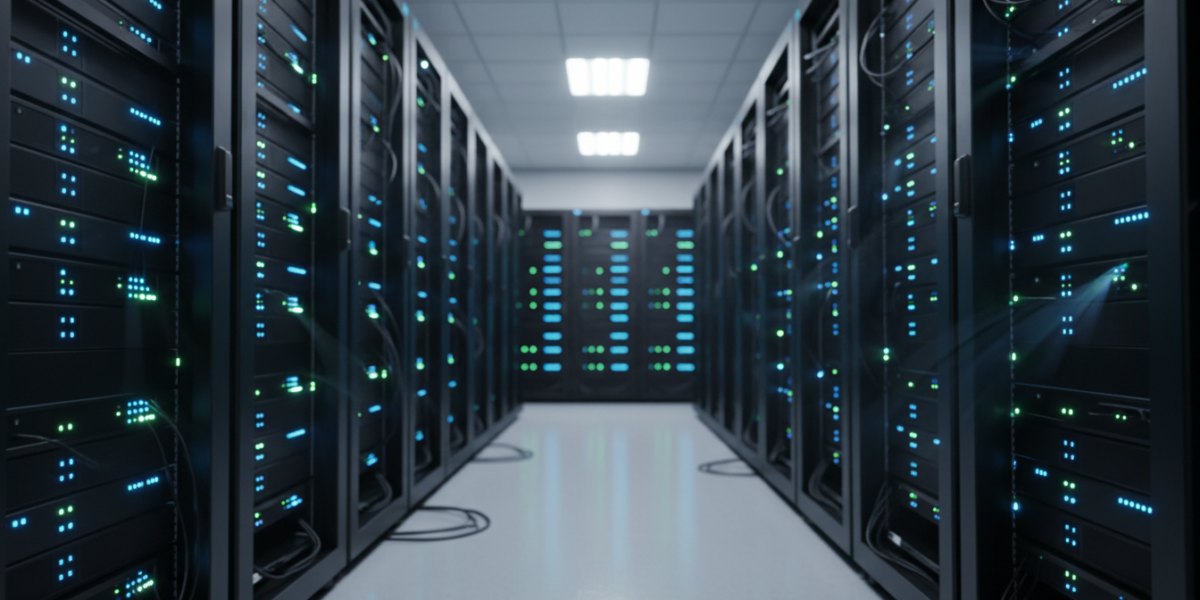 Modern data center server rack with glowing LED lights representing VPS infrastructure for crypto trading bots