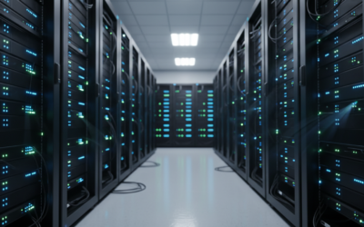Modern data center server rack with glowing LED lights representing VPS infrastructure for crypto trading bots
