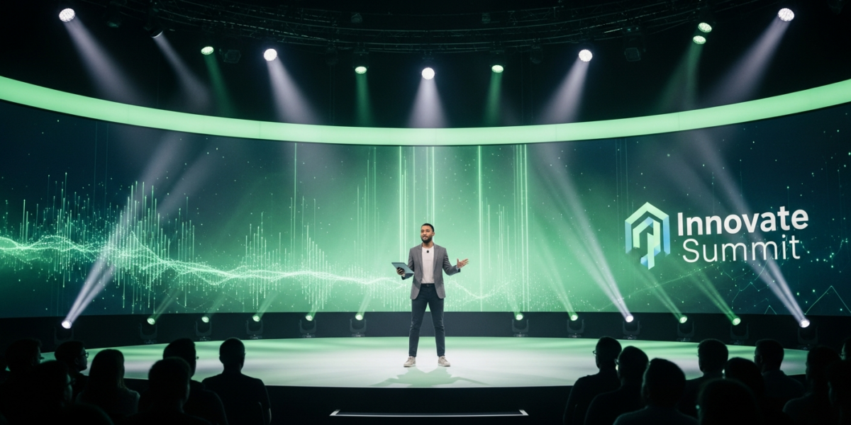 A startup founder pitches their idea on a large, well-lit stage at a TechCrunch event, with a blurred audience in the foreground.