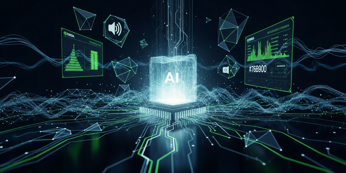 Abstract digital illustration of multimodal AI processing video and audio data with glowing green accents, representing NVIDIA's TensorRT-LLM optimizations.