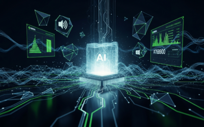 Abstract digital illustration of multimodal AI processing video and audio data with glowing green accents, representing NVIDIA's TensorRT-LLM optimizations.
