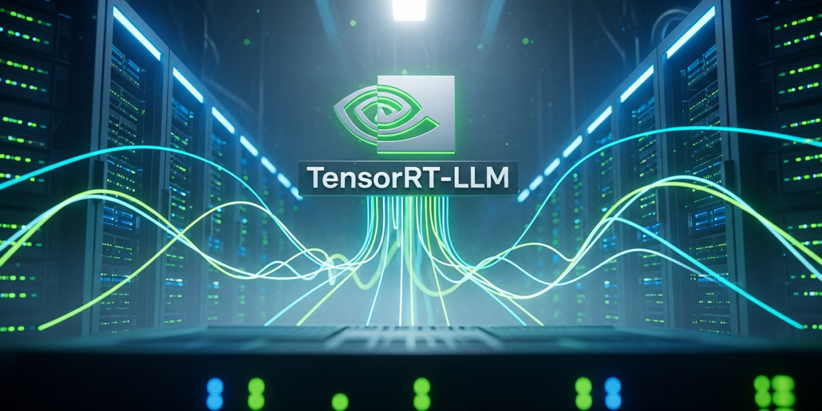 NVIDIA TensorRT-LLM logo against a backdrop of glowing server racks and abstract neural network connections, symbolizing optimized AI inference.