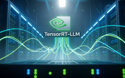 NVIDIA TensorRT-LLM logo against a backdrop of glowing server racks and abstract neural network connections, symbolizing optimized AI inference.