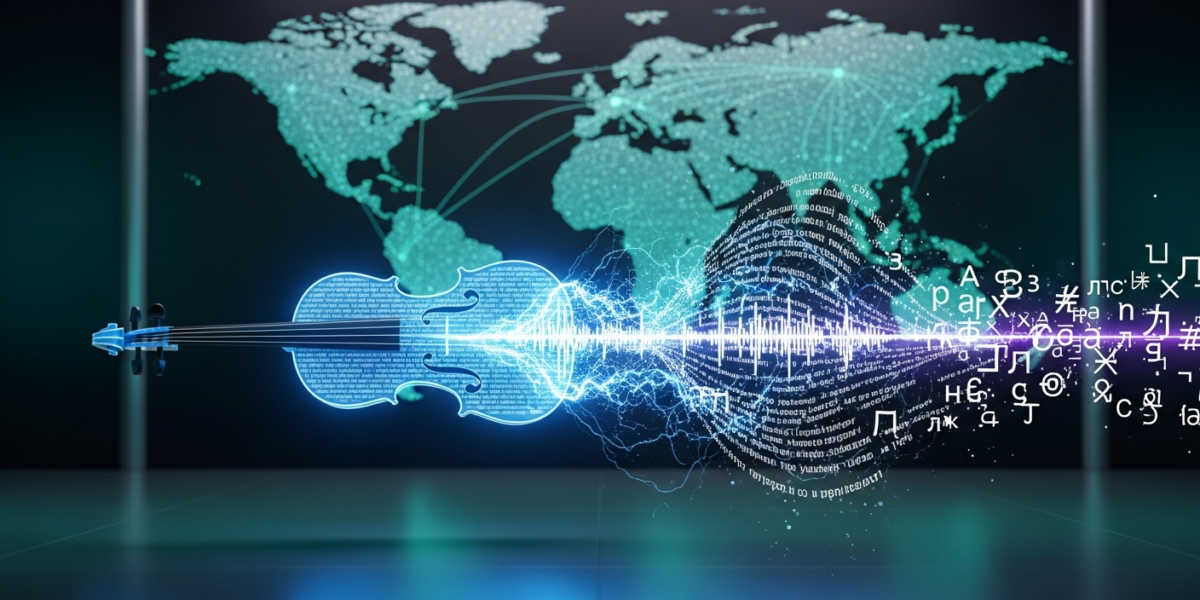 A glowing violin instrument symbolizing sound and translation, with digital elements representing speech recognition and language translation, set against a global map background.