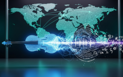 A glowing violin instrument symbolizing sound and translation, with digital elements representing speech recognition and language translation, set against a global map background.