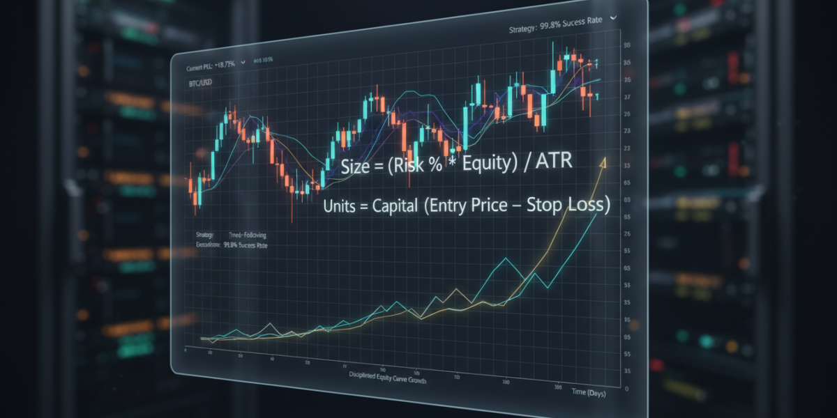 Professional trading bot bankroll management dashboard with position sizing formulas and equity curve