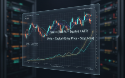 Professional trading bot bankroll management dashboard with position sizing formulas and equity curve