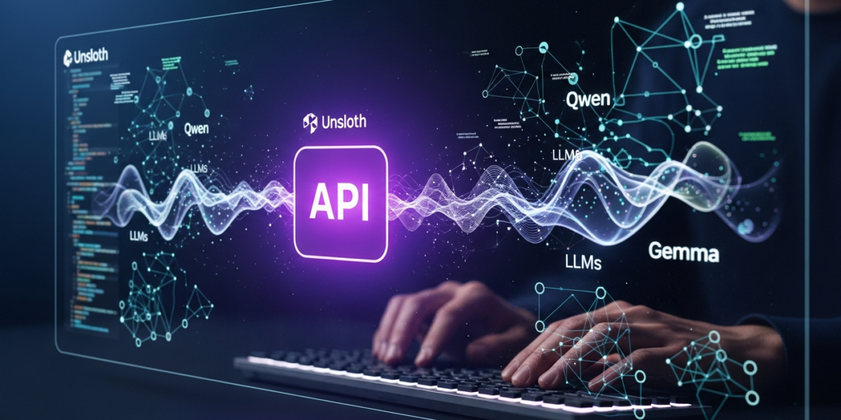 A futuristic digital interface showing an API endpoint icon with purple glow, representing Unsloth's new API for local LLM inference, connecting various AI models and code.