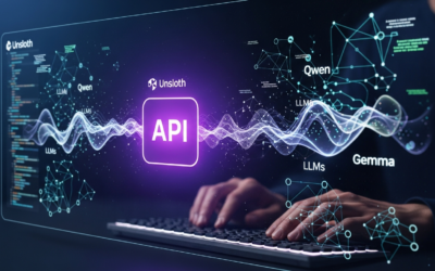A futuristic digital interface showing an API endpoint icon with purple glow, representing Unsloth's new API for local LLM inference, connecting various AI models and code.