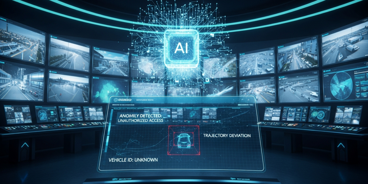 An AI system analyzing video feeds in a control room, highlighting an anomalous event with bounding boxes and textual explanations.