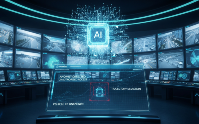 An AI system analyzing video feeds in a control room, highlighting an anomalous event with bounding boxes and textual explanations.