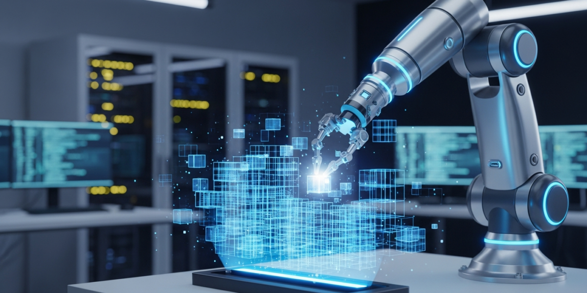 A robotic arm interacts with a holographic projection of a simulated environment in a futuristic lab, illustrating world models in robot learning.