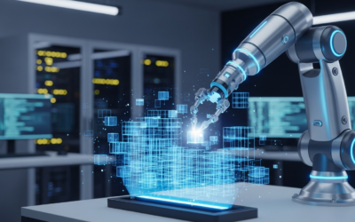 A robotic arm interacts with a holographic projection of a simulated environment in a futuristic lab, illustrating world models in robot learning.