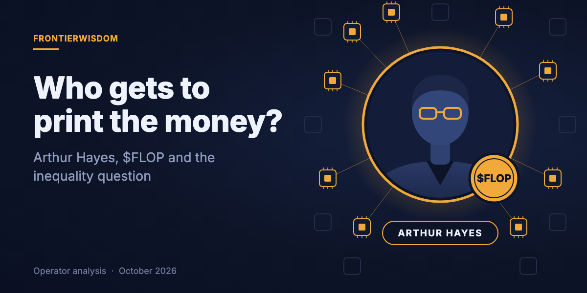 Illustrated portrait of Arthur Hayes with the $FLOP token: who gets to print the money?
